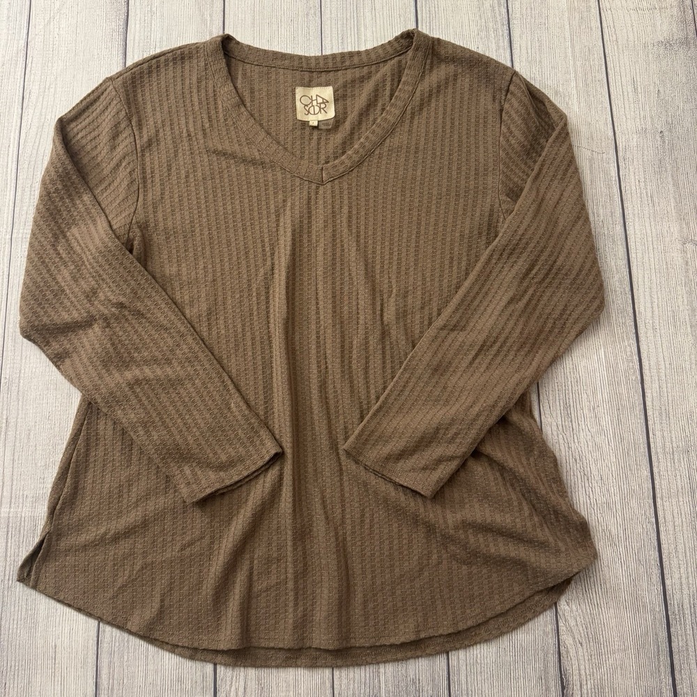 Chaser Women's Waffle Knit Brown V-Neck Long Sleeve Shirt Use Large